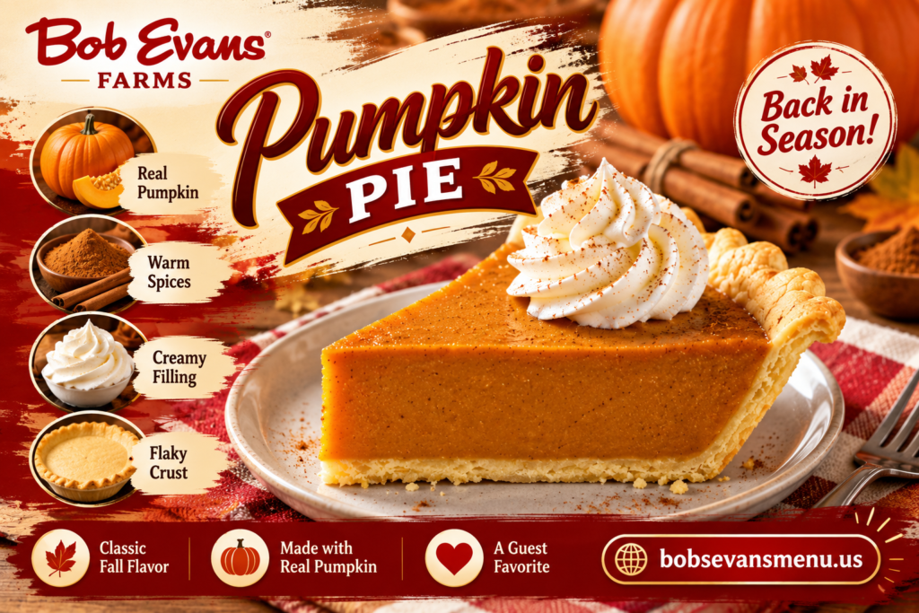 Pumpkin Pie Bob Evans infographic featuring a slice of pumpkin pie with whipped cream and fall-themed details.