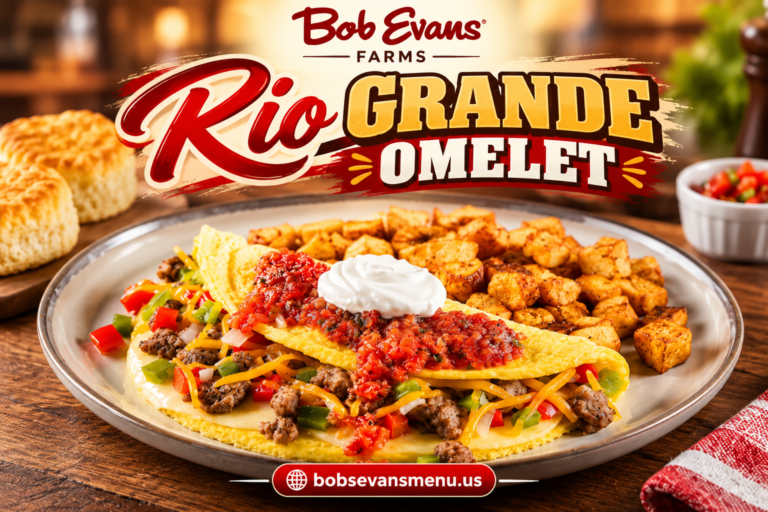 Bob Evans Rio Grande Omelet with sausage, peppers, onions, cheese, salsa, sour cream and breakfast potatoes.