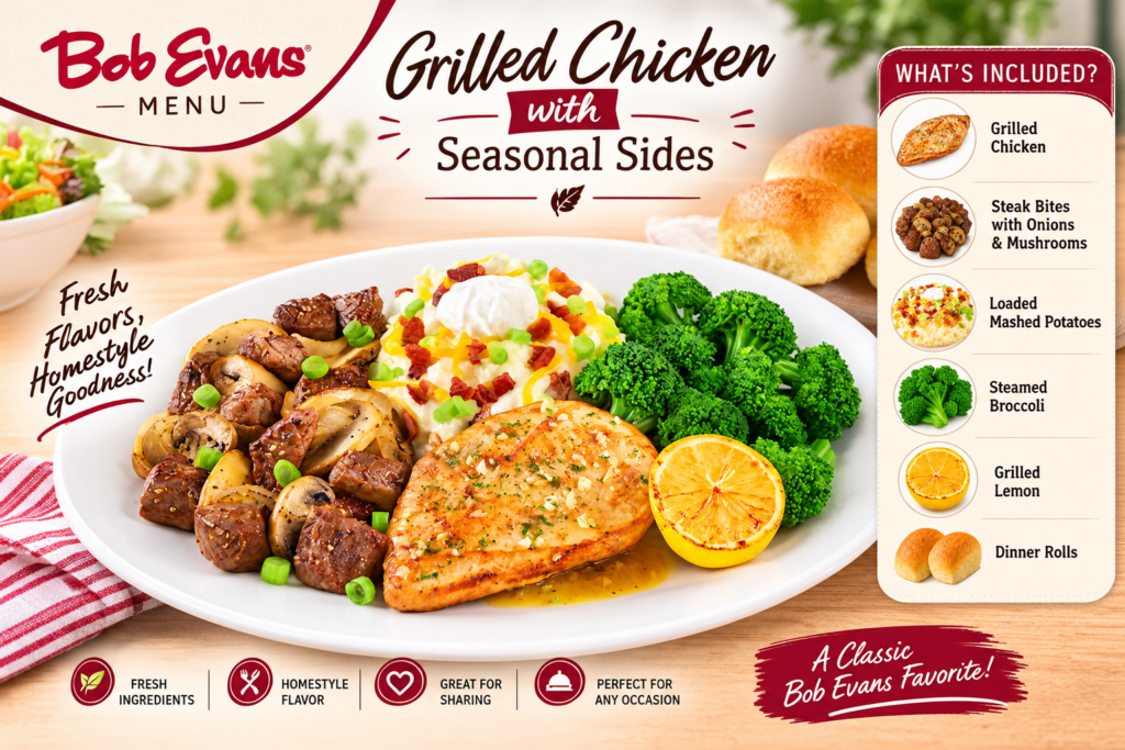 Bob Evans Lemon Garlic Chicken & Steak Tips Combo with broccoli and mashed potatoes