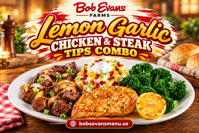 Bob Evans Lemon Garlic Chicken & Steak Tips Combo 5 Lemon Garlic Chicken and Steak Tips Combo with grilled chicken, steak tips, mushrooms, mashed potatoes, broccoli and grilled lemon.