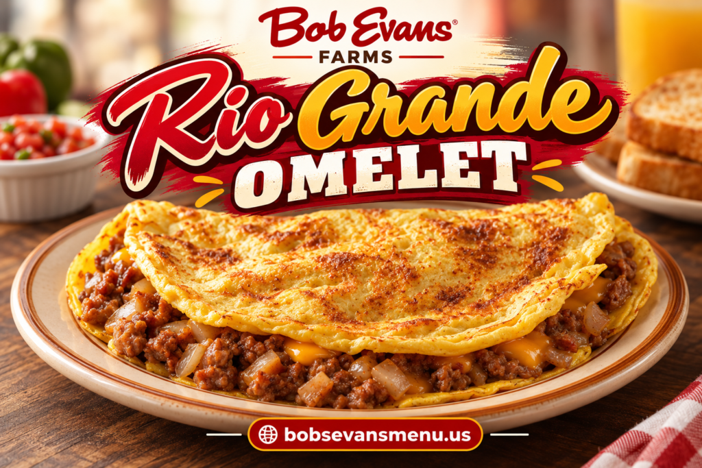 Bob Evans Rio Grande Omelet 2 The Big Wrangler Breakfast with biscuits, sausage gravy, eggs, cheddar, bacon, ham and home fries, bobsevansemenu.us